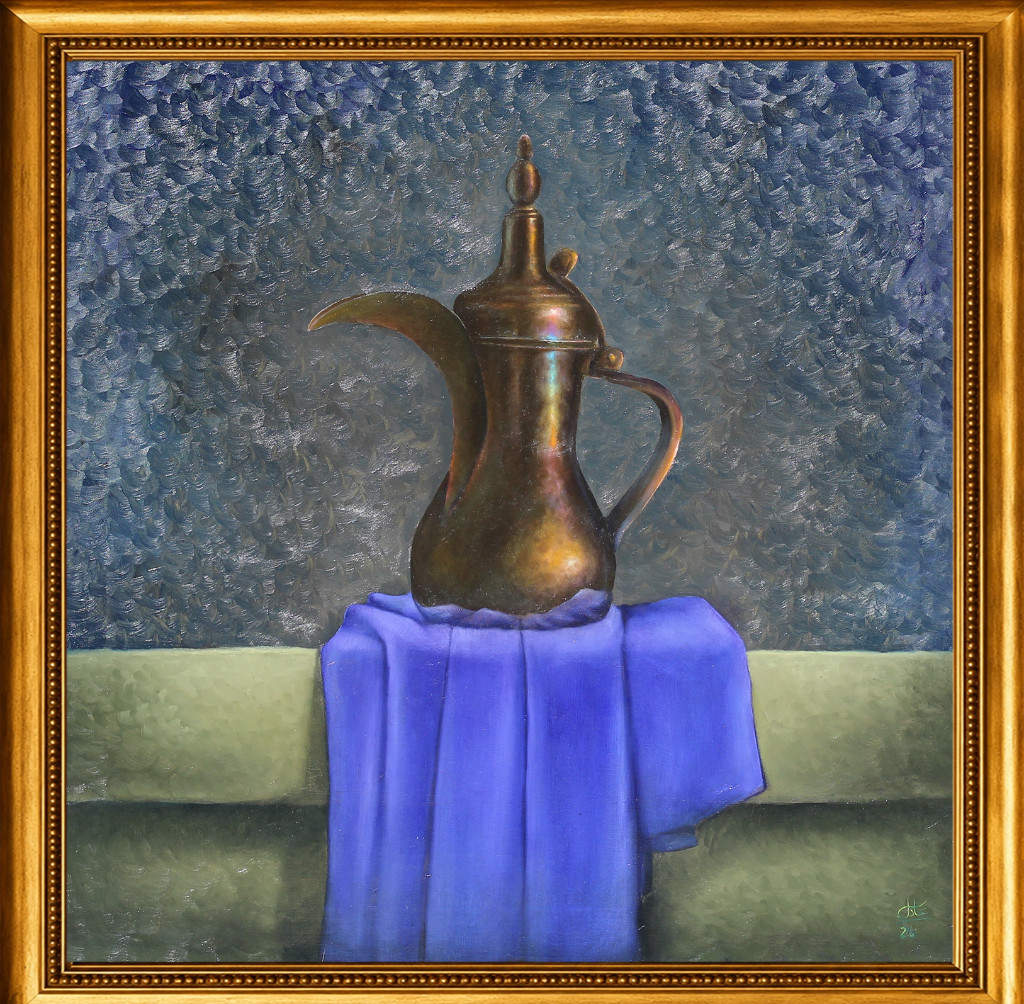 A luminous still life of a traditional Arabic coffee pot, the dallah, rendered against a textured blue ground — a symbol of Arabian hospitality.