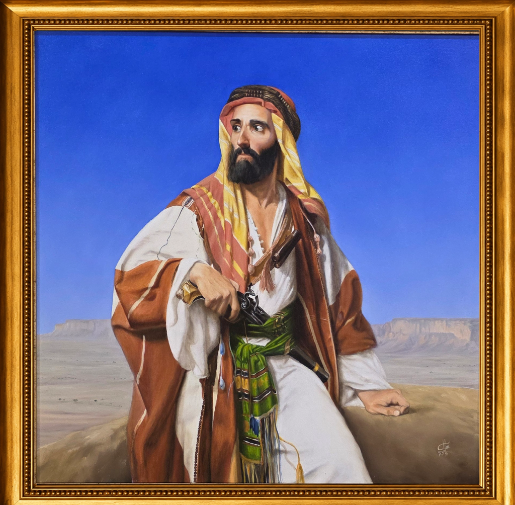 A commanding portrait of a Saudi tribesman against a vast desert horizon under an azure sky — a timeless testament to heritage and identity.