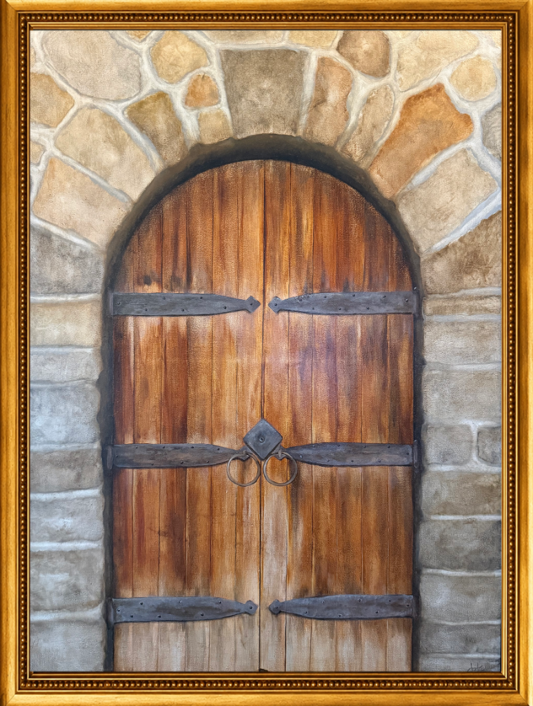 A masterful study of a traditional arched stone gateway and its carved wooden door, capturing the quiet dignity of Saudi architectural heritage.