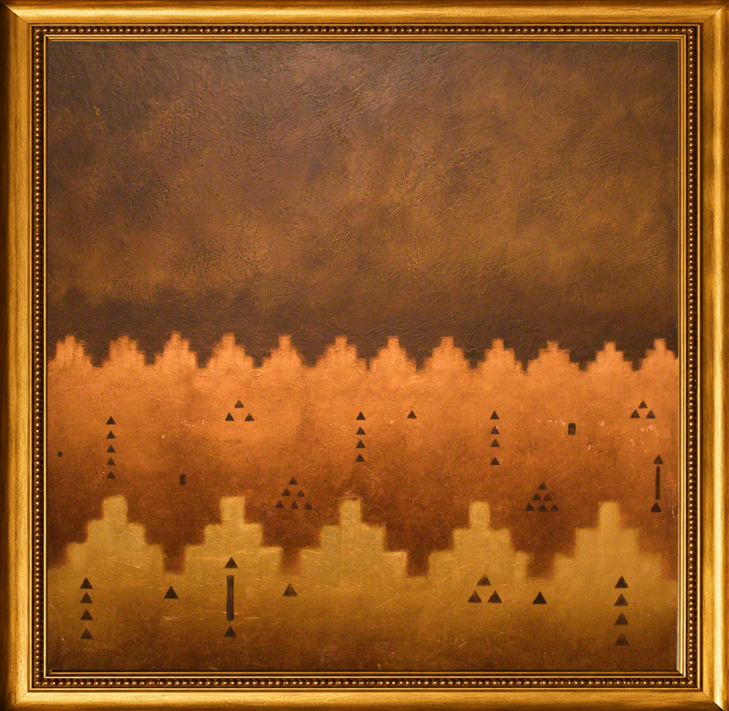 Abstract exploration of Saudi geometric patterns in warm earth tones and gold, inspired by traditional architectural ornamentation and the desert at dusk.
