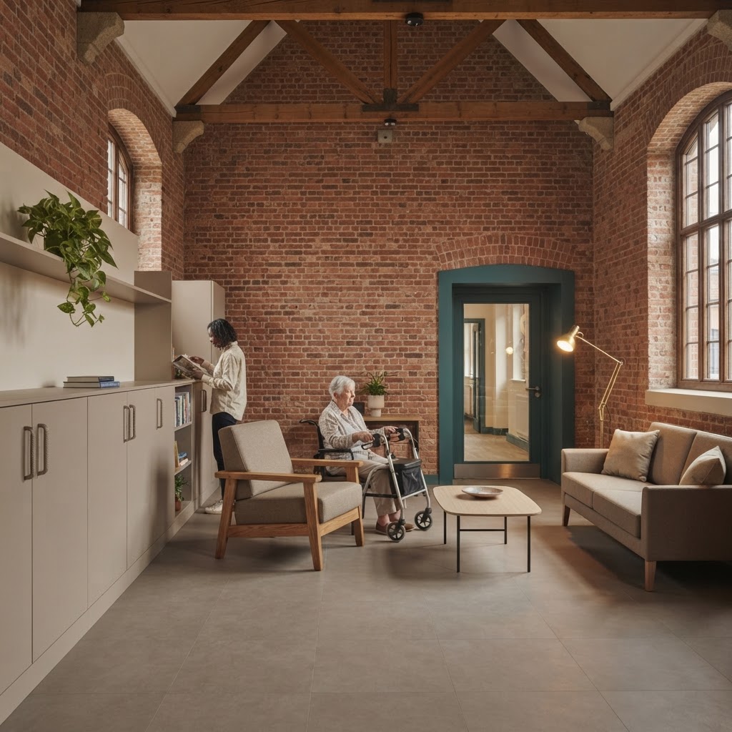 An accessible living room with wide circulation space, mid-height storage, supportive armrests and contrasting wayfinding colours
