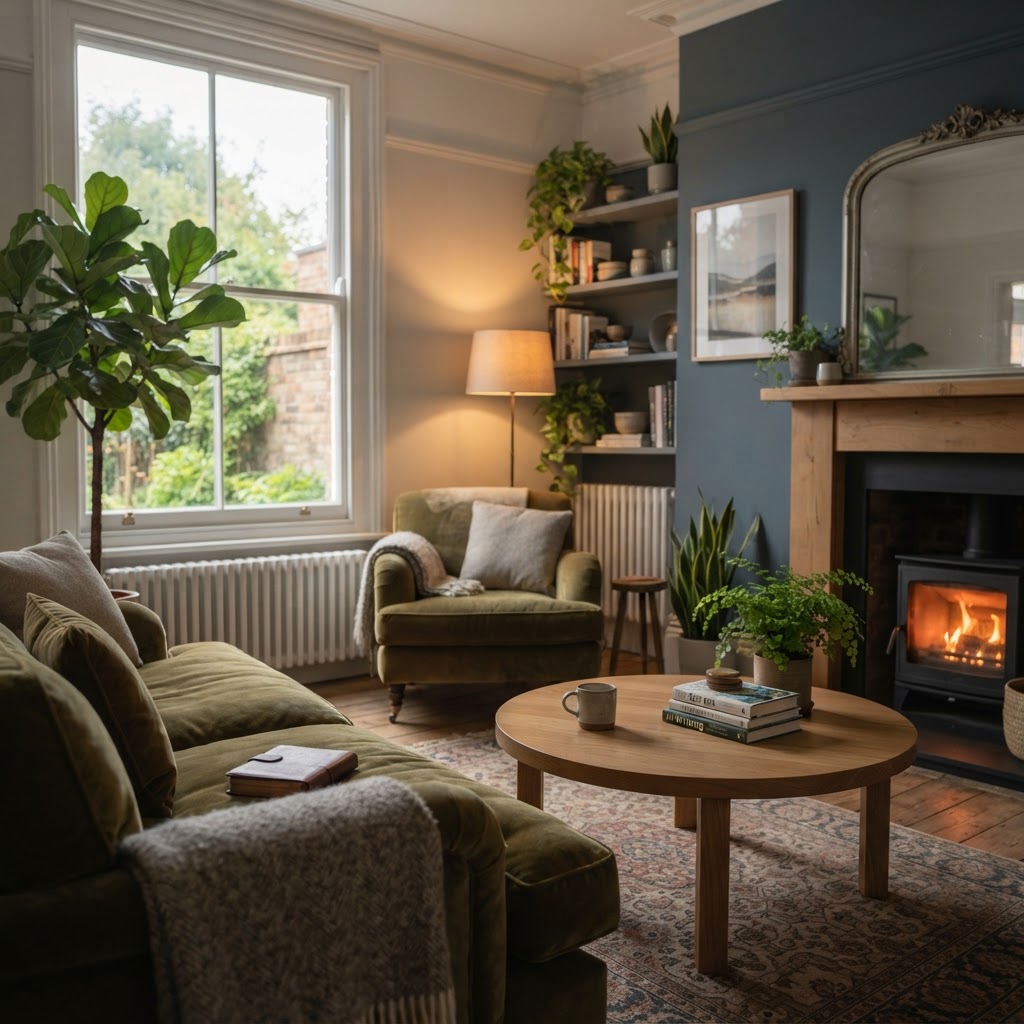 A modern sensory-friendly interior with large indoor plants, warm pendant lighting, a styled bookshelf, and a painter in white overalls finishing the final wall