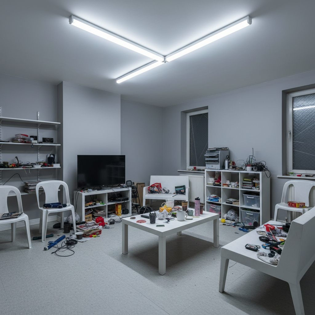 Before: a living room with harsh overhead lighting, bare hard surfaces and visual clutter that increases sensory load