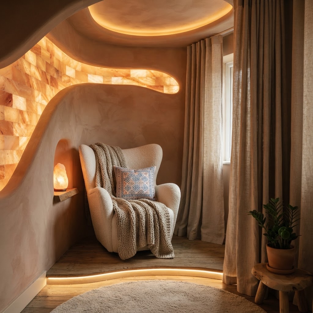 A cocooning snug with curved clay toned plaster walls, a high backed armchair, a warm glowing lamp niche and heavy linen curtains