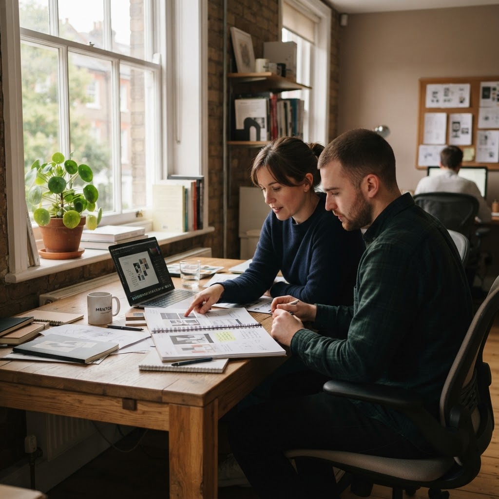 A calm one-to-one mentoring session at a wooden desk in a UK office