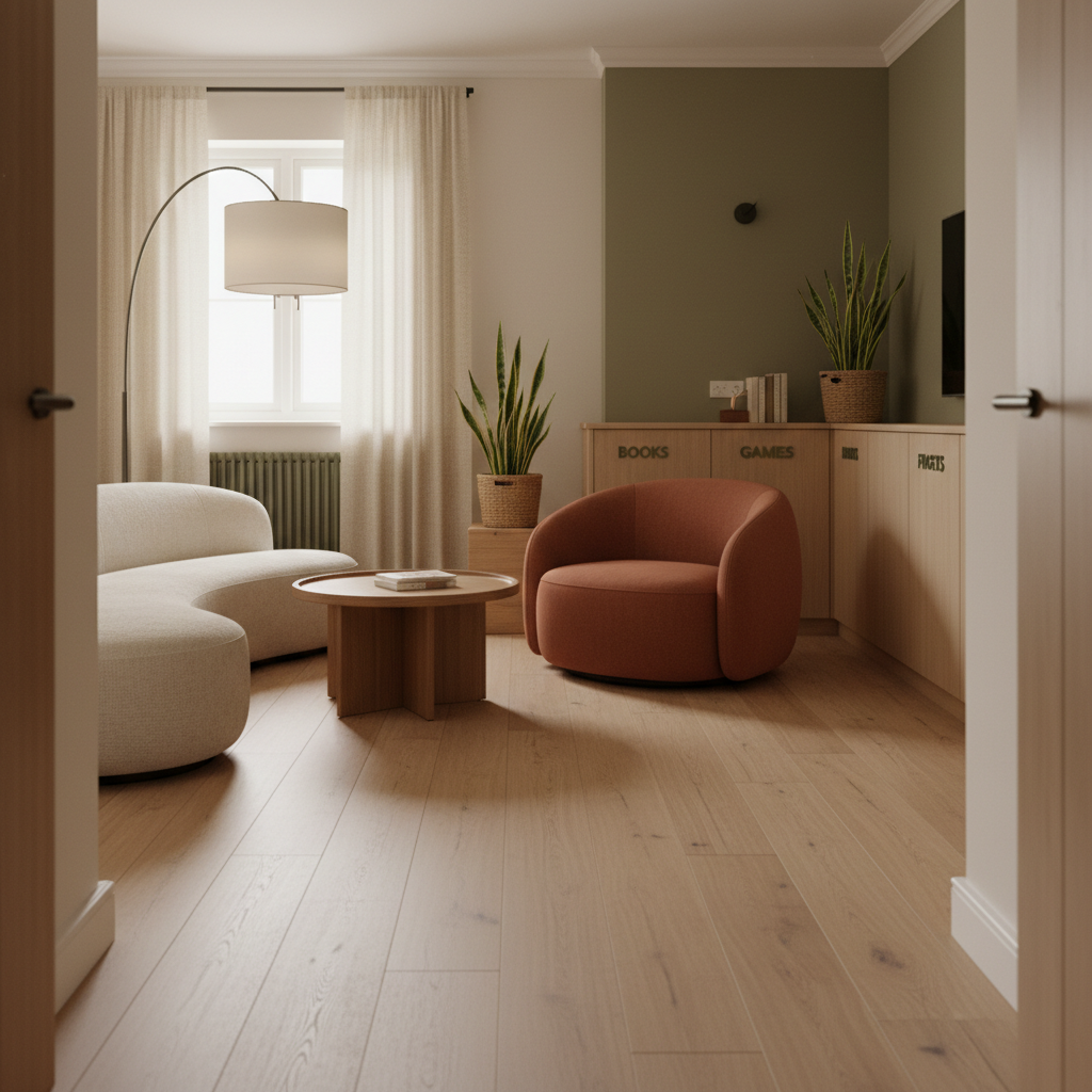 A modern sensory lounge designed for neurodivergent comfort, with soft diffused lighting, biophilic touches, clear pathways and warm natural textures