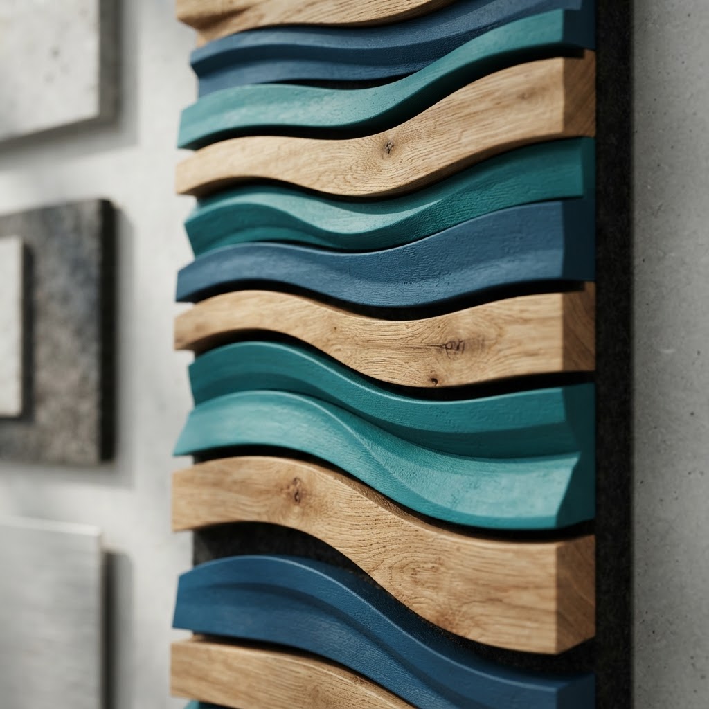 Layered wave form wooden acoustic panels in teal, deep blue and oak tones