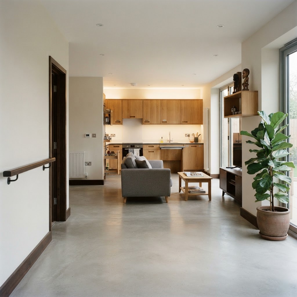 An accessible open plan living space with level thresholds, reachable storage, contrast wayfinding and a lowered worktop