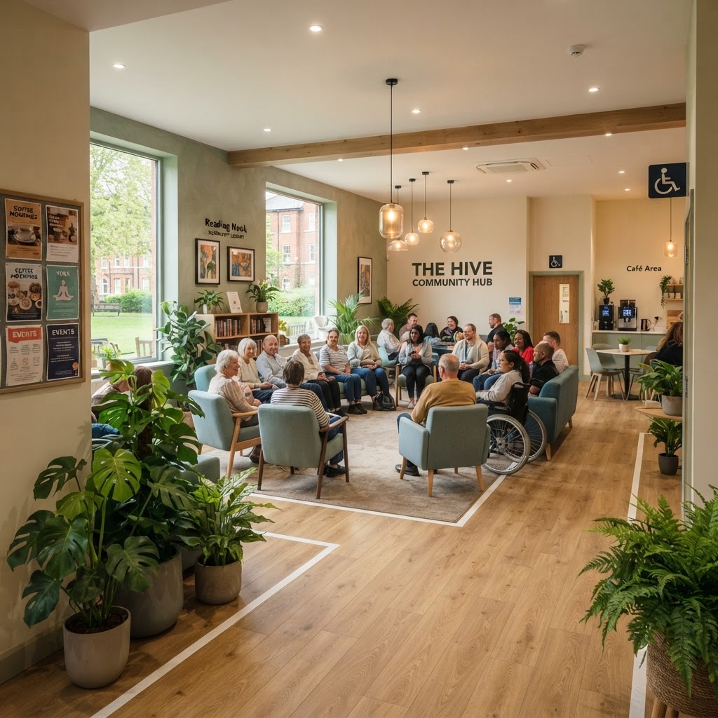 A welcoming UK community space room with warm lighting, plants and accessible seating