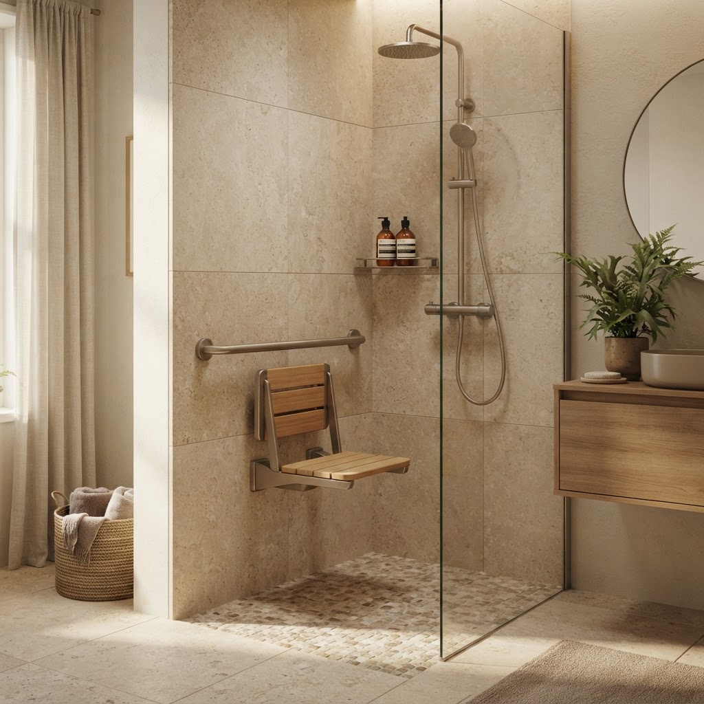 Residential-style bathroom adaptations with warm finishes.