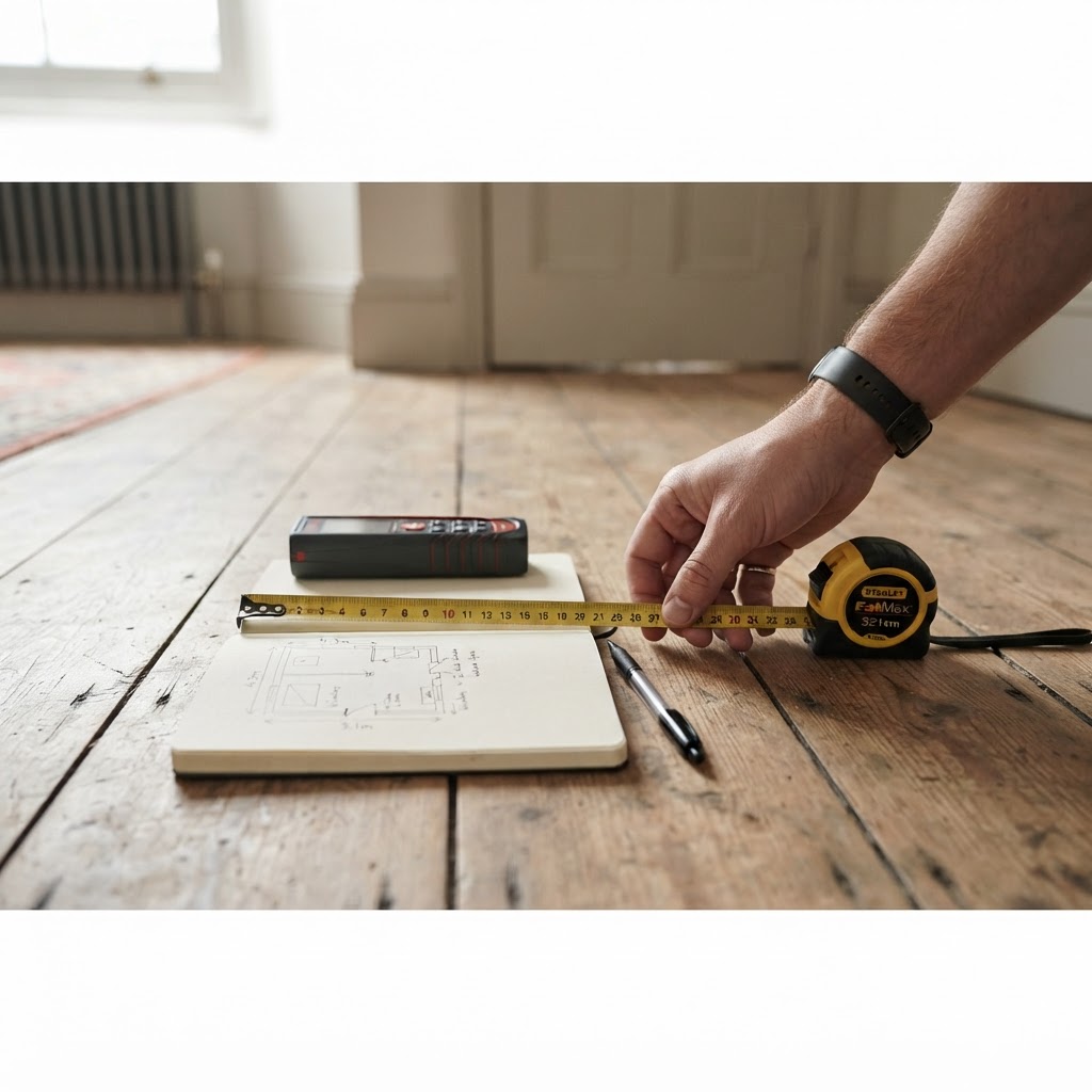 Measuring tools and notes used for a home survey.