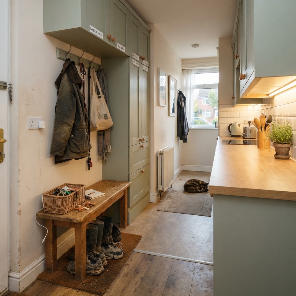 A well organised UK home drop zone with labelled sage storage, a bench with hooks and a clear worktop