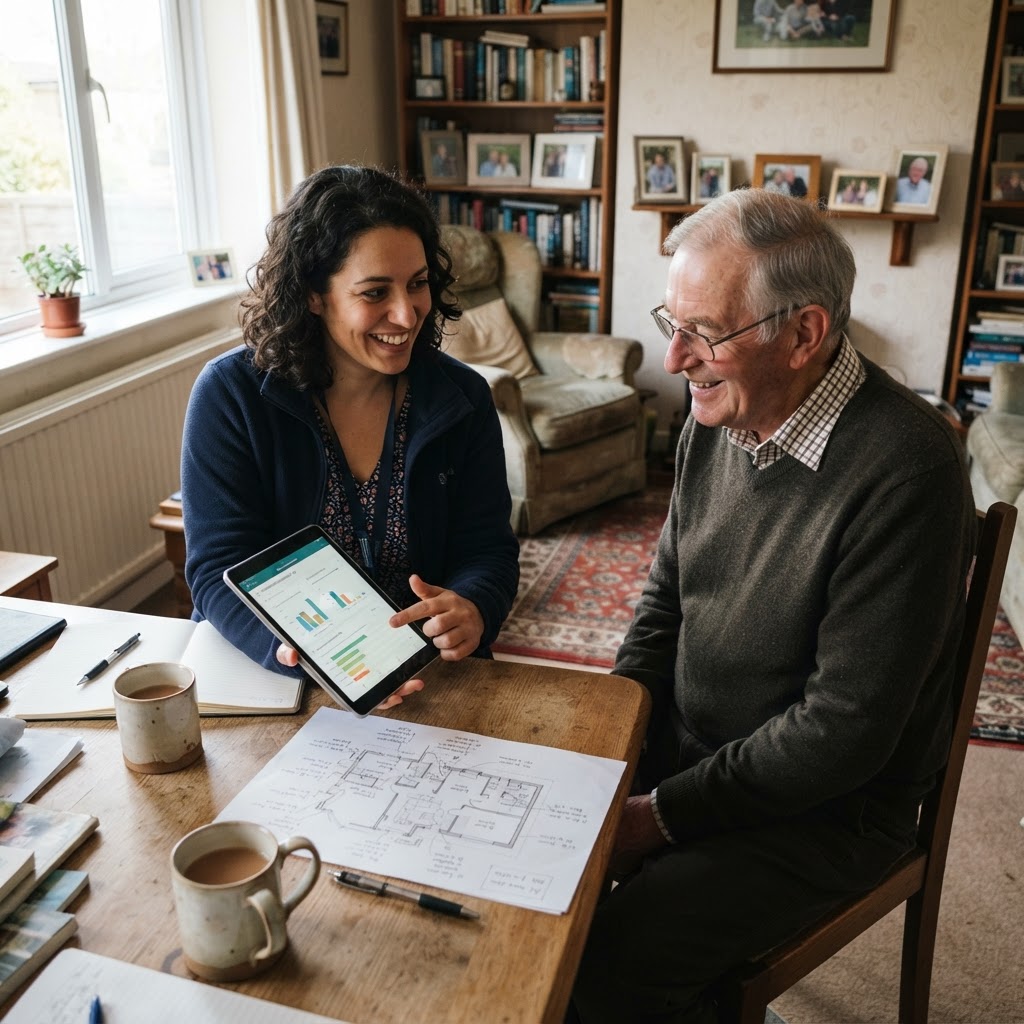 A trusted assessor and an older homeowner discussing recommendations over tea and a floor plan sketch