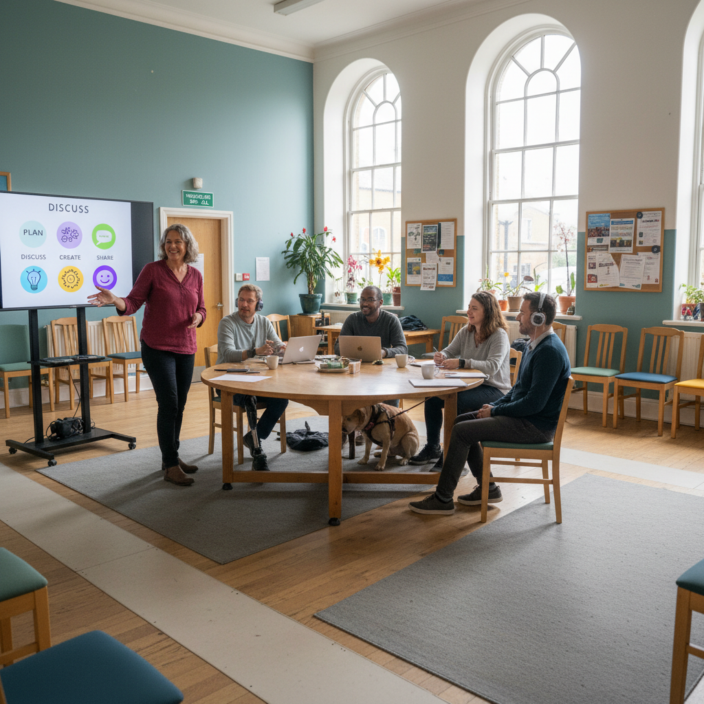 A small inclusive workshop with diverse participants and an accessible presentation setup in a community space