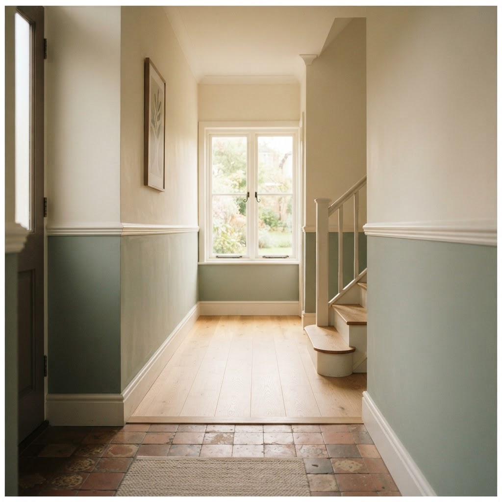 Calm hallway with subtle colour zoning and clear routes.