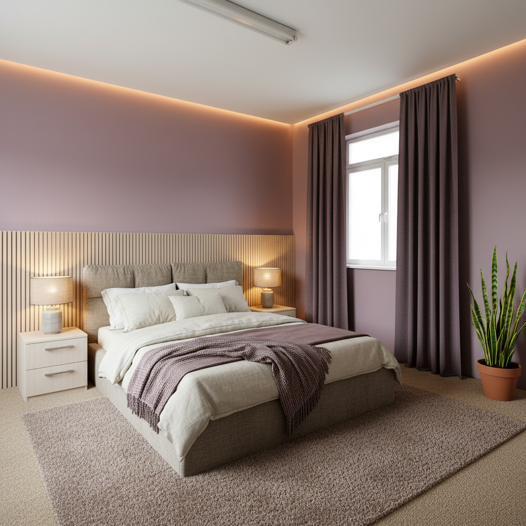 After: the same room with plum painted walls, new warm carpet, upholstered bed with linen bedding, wooden acoustic slatted wall panel, thick rug, blackout curtains and layered amber lighting, creating a calm restorative sleep space