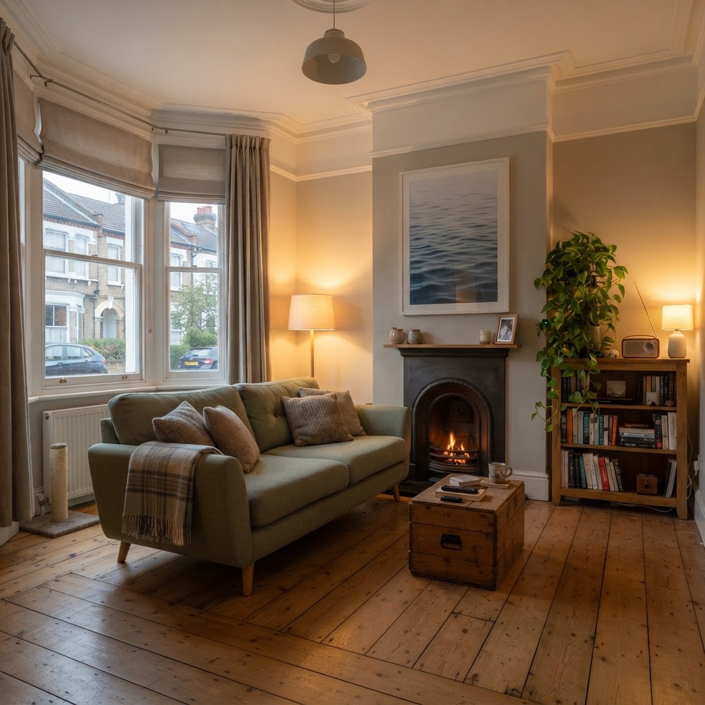A calm UK living room with layered warm lighting, a sage green sofa, clear pathways and water ripple artwork
