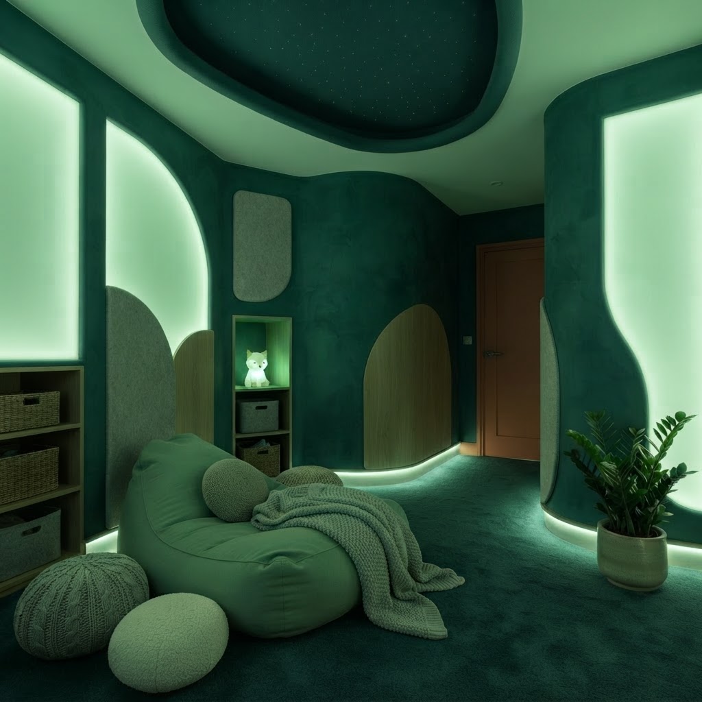 The same sensory room lit with gentle soothing green cove lighting