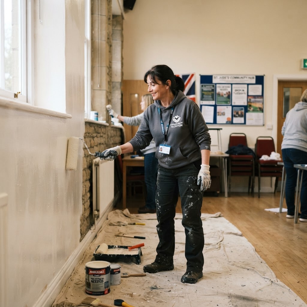 A volunteer painting a wall in a UK community space