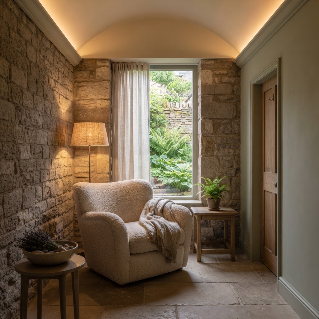 A quiet retreat room with a deep comfortable seat, a garden view through a sheer curtain and a warm soft-shaded lamp