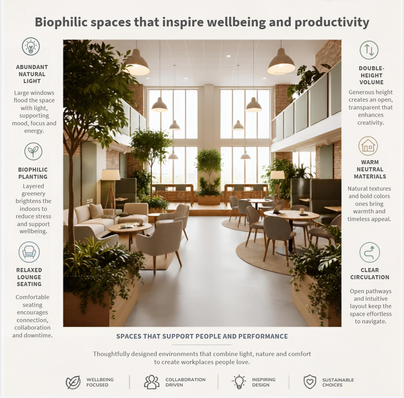 Biophilic spaces that inspire wellbeing and productivity, an infographic showing abundant natural light, biophilic planting, relaxed lounge seating, double-height volume, warm neutral materials and clear circulation from Hackit Design