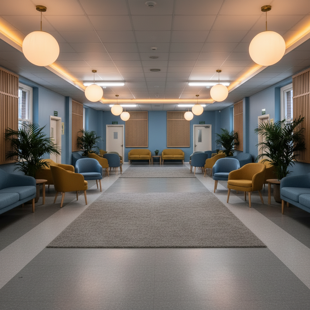 After: the same room with calming blue painted walls, new carpet tiles, warm amber cove lighting, oak acoustic wall panels, soft upholstered blue and gold seating, large plants and stone grey rug, creating an inclusive space where anyone can feel safe