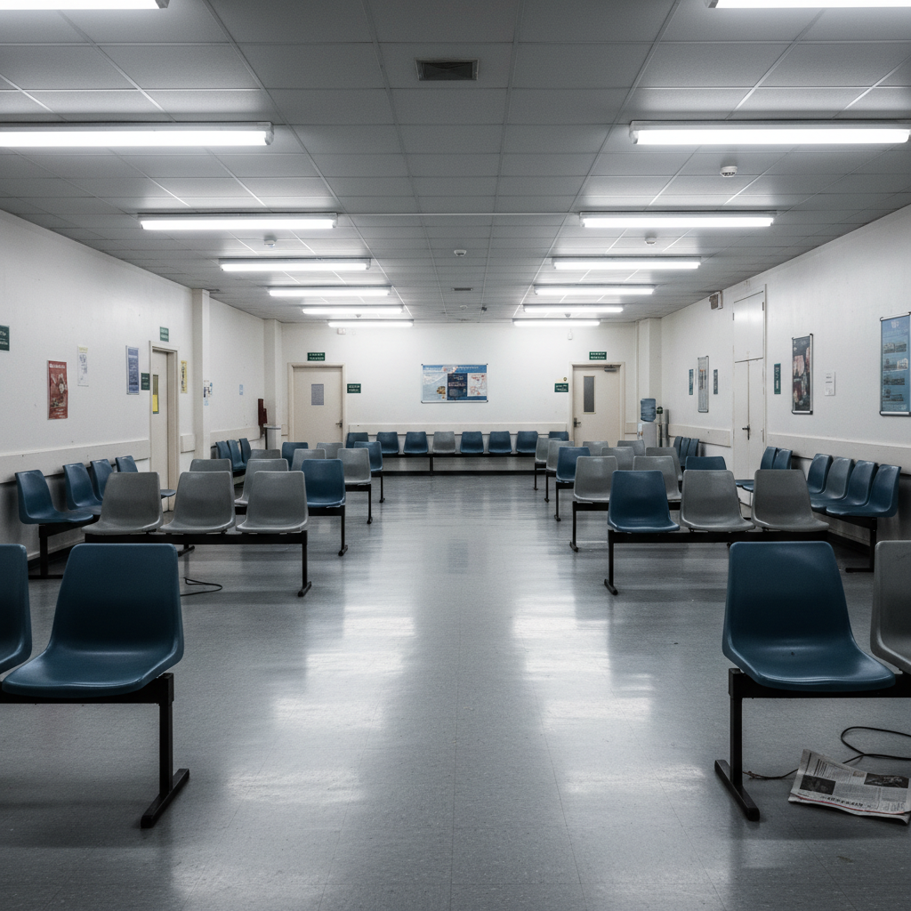 Before: a public waiting room with harsh fluorescent lighting, hard echoey surfaces and institutional furniture that increases sensory load