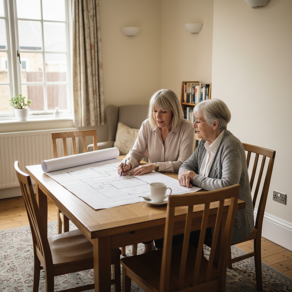 A Trusted Assessor sitting with a client at a table, reviewing a floor plan together in a calm home setting
