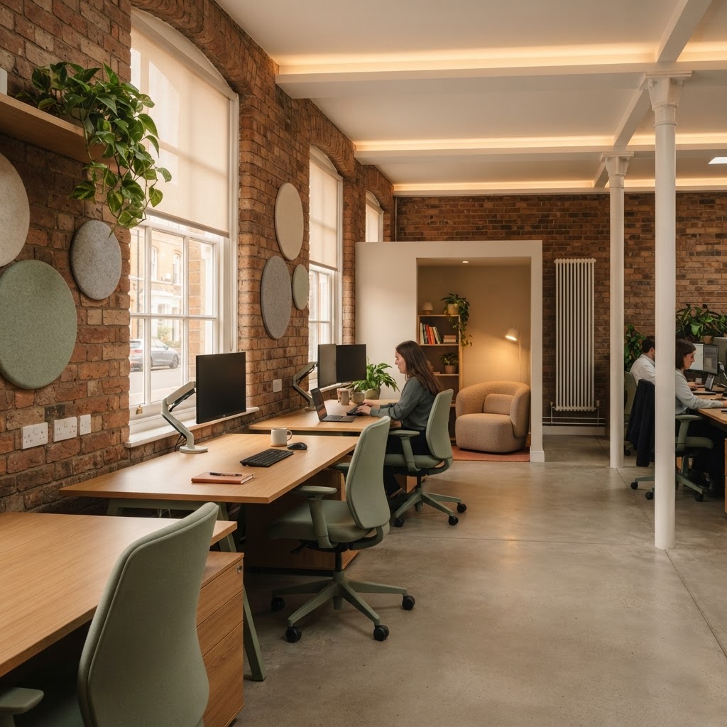 A calm UK office with wide clear pathways between oak desks, ergonomic sage green chairs, acoustic wall panels, warm cove lighting and a quiet breakout nook