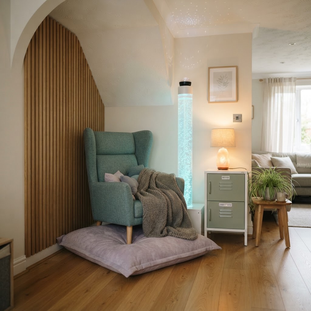 A sensory calm corner in a UK family living room with a teal and lilac reading nook, a glowing bubble tube, soft oak slat panel and warm dimmable lamps