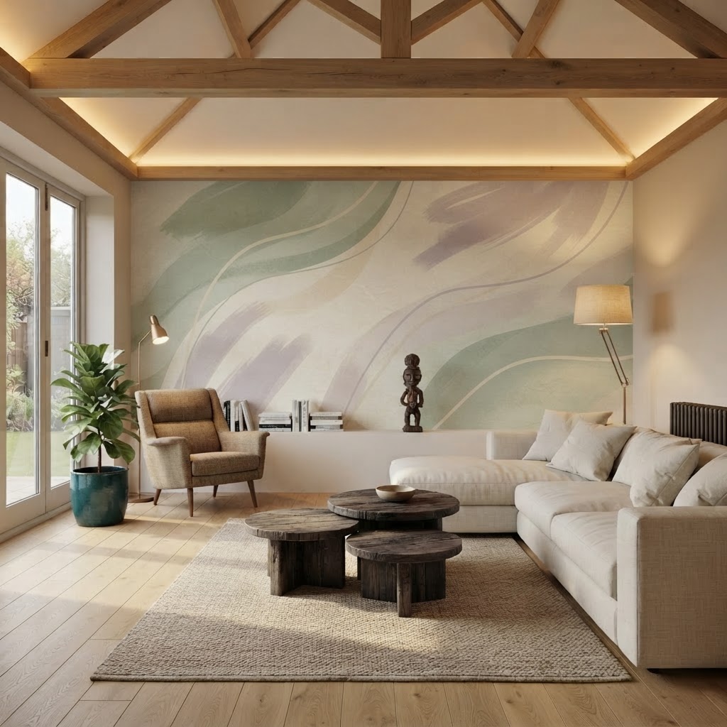 A cosy UK living room with an abstract sage and cream wallpaper feature wall, a clear pathway, a supportive armchair, warm task lighting and a plant in a safe corner