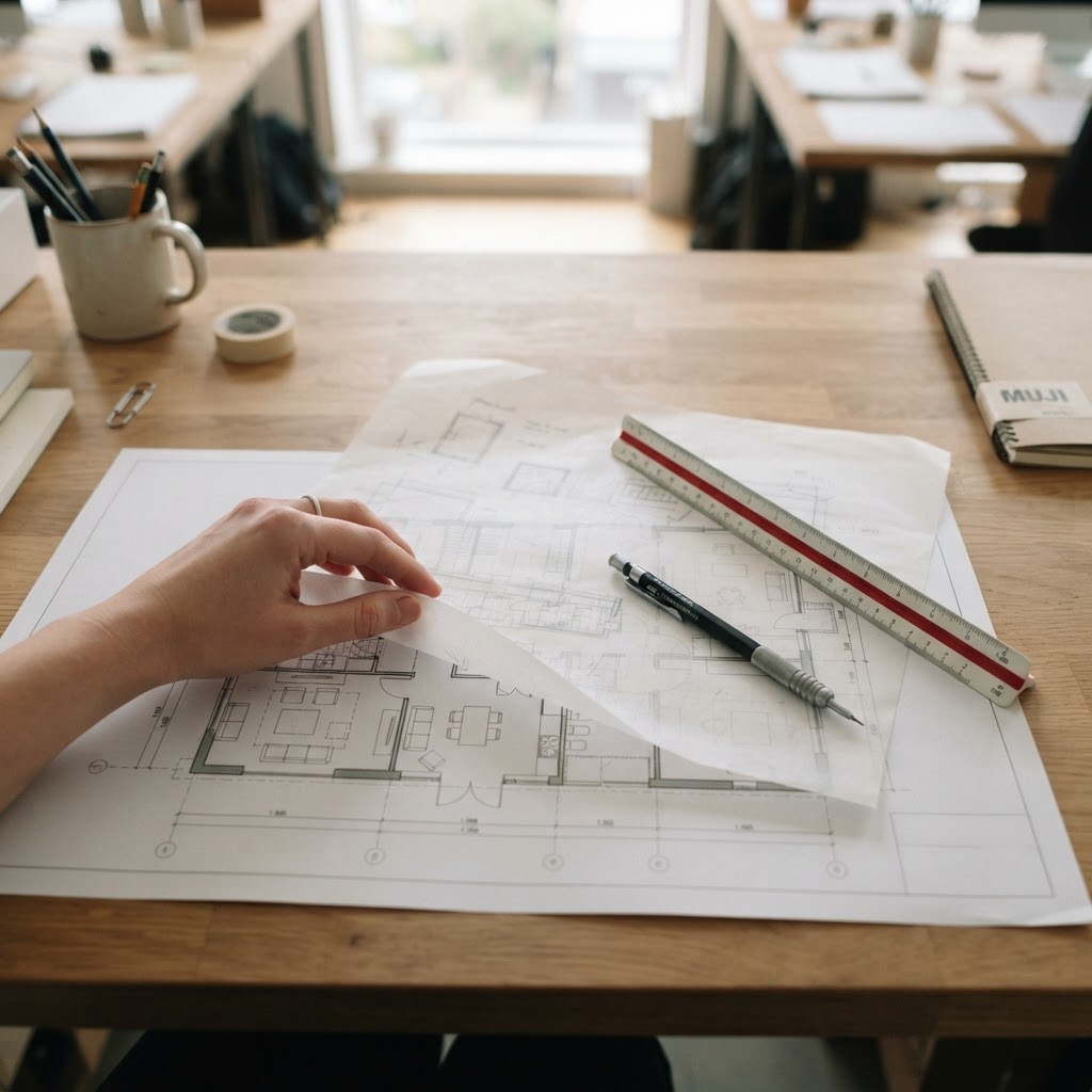 Tracing paper and a floor plan used to plan accessible spaces.
