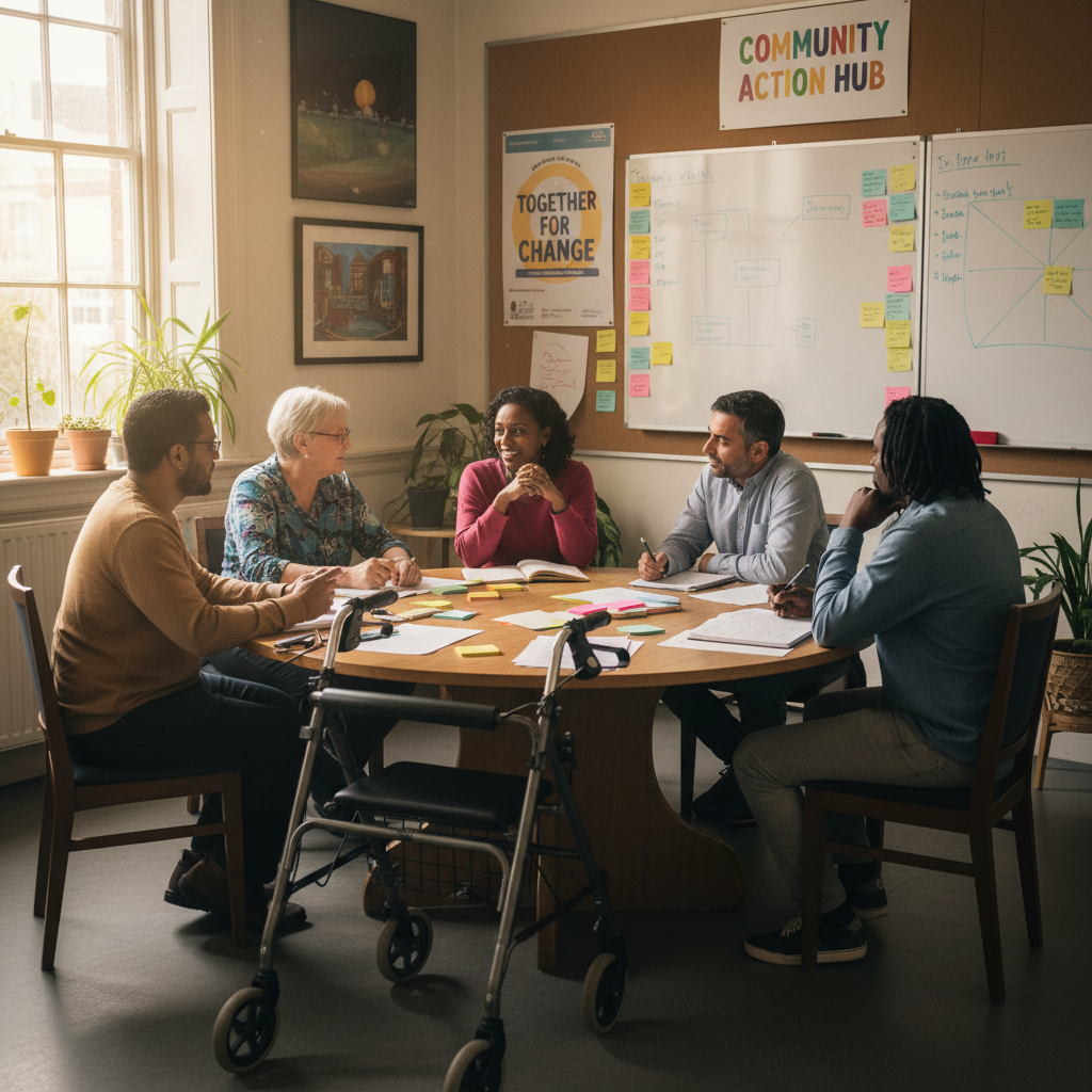 A diverse working group discussing inclusive design and health policy