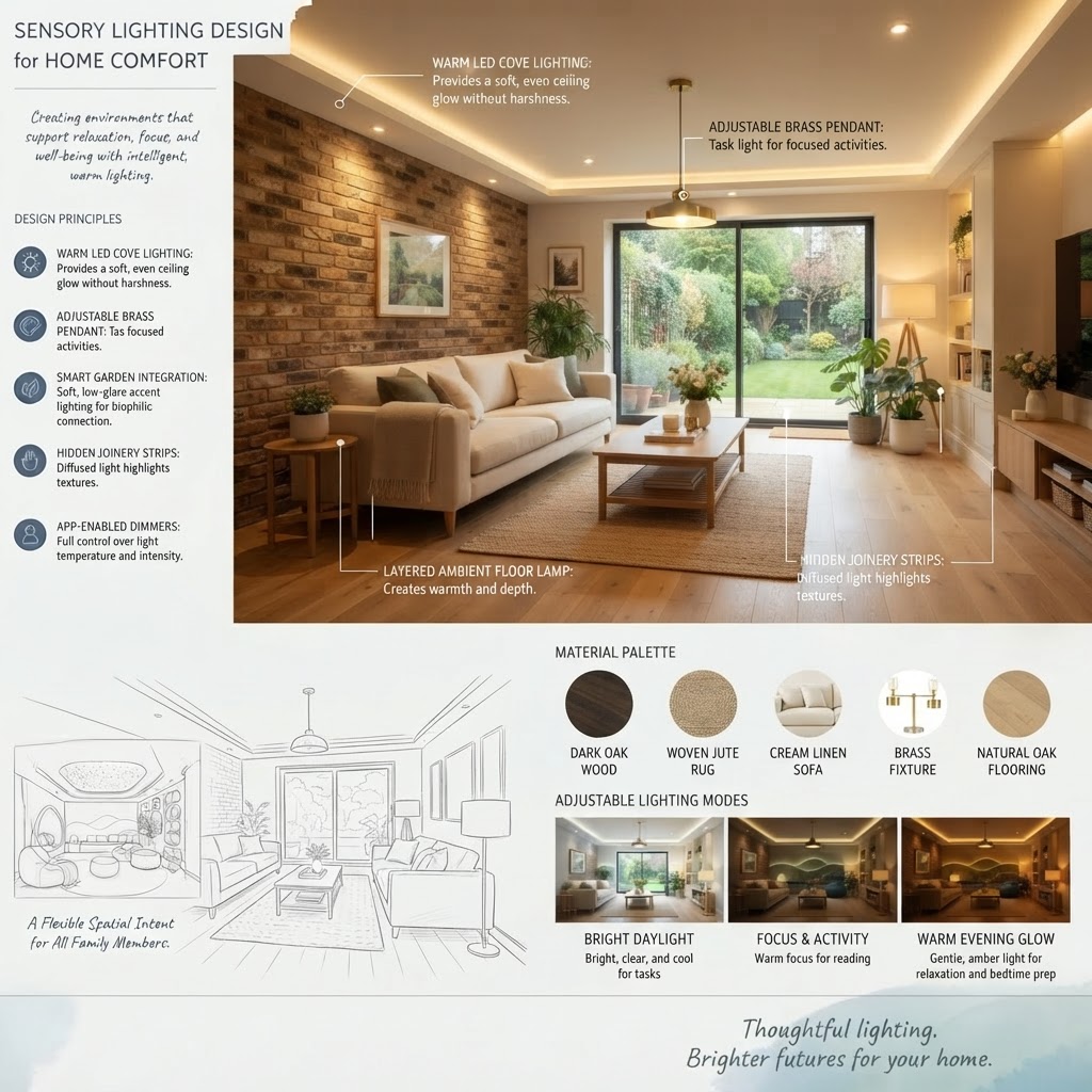 A sensory lighting concept board with labelled key features and a strip of adjustable lighting modes