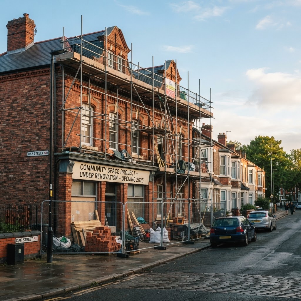 A UK community space building being renovated with scaffolding