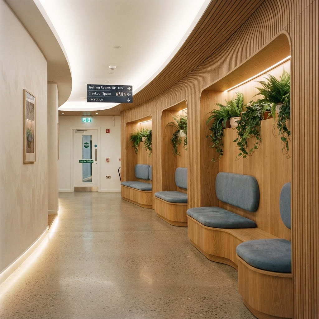 A calm training centre corridor with curved wooden benches, even lighting and clear wayfinding signs