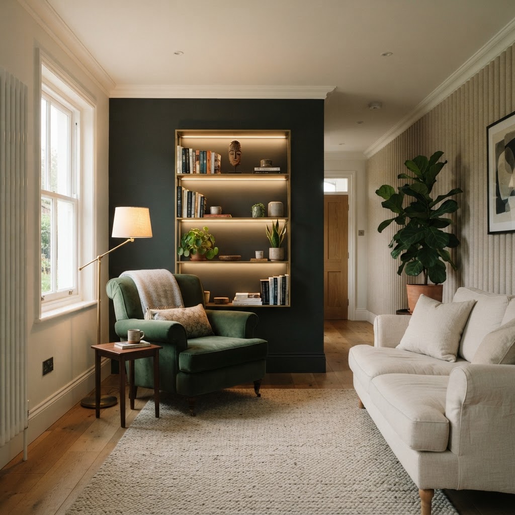 A calm, warm living room with soft diffused light, a deep green reading nook with a warm task lamp and clear circulation space, demonstrating neuroinclusive interior design principles