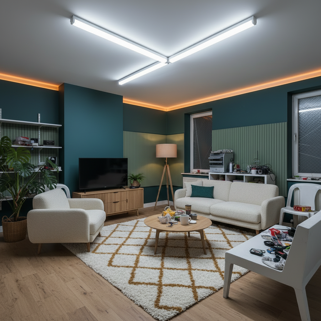After: the same room with deep teal painted walls, new oak flooring, cream bouclé sofa, acoustic felt panels in sage green, large indoor plants, layered amber cove lighting and a thick textured rug, creating a calm sensory-smart space