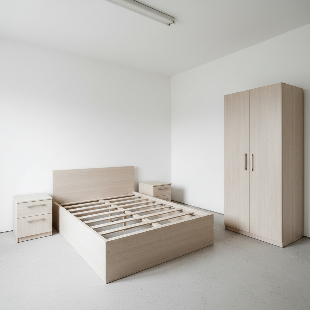 Before: a bedroom with bare hard flooring, no soft furnishings and harsh lighting that amplifies every sound