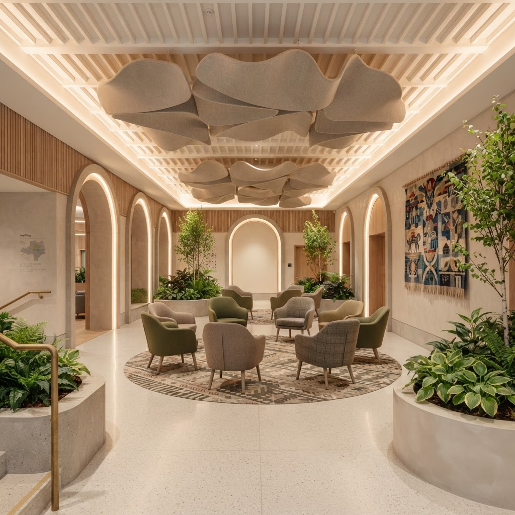A bright community hall with seating circles, fabric sound baffles, planters and clear walkways