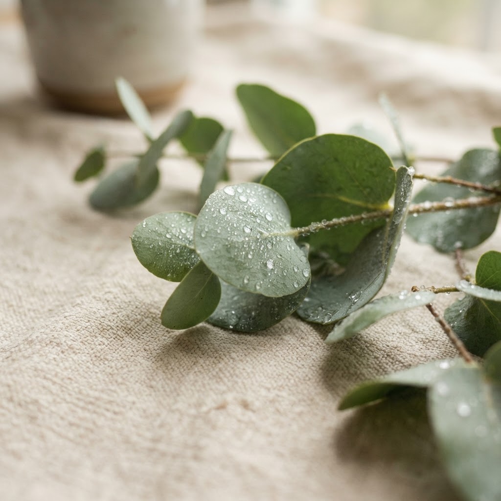 Sage green eucalyptus leaves with water droplets on warm cream linen