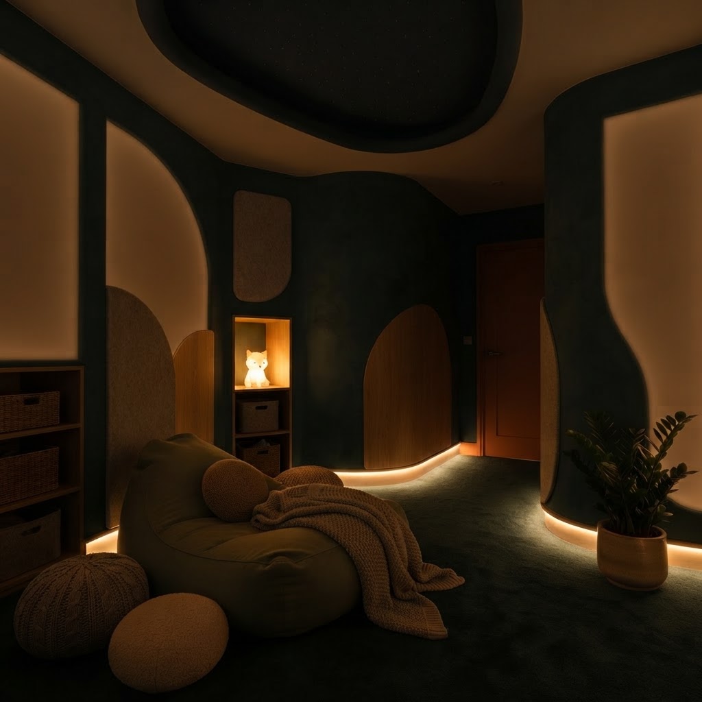The same sensory room lit with dim warm amber cove lighting