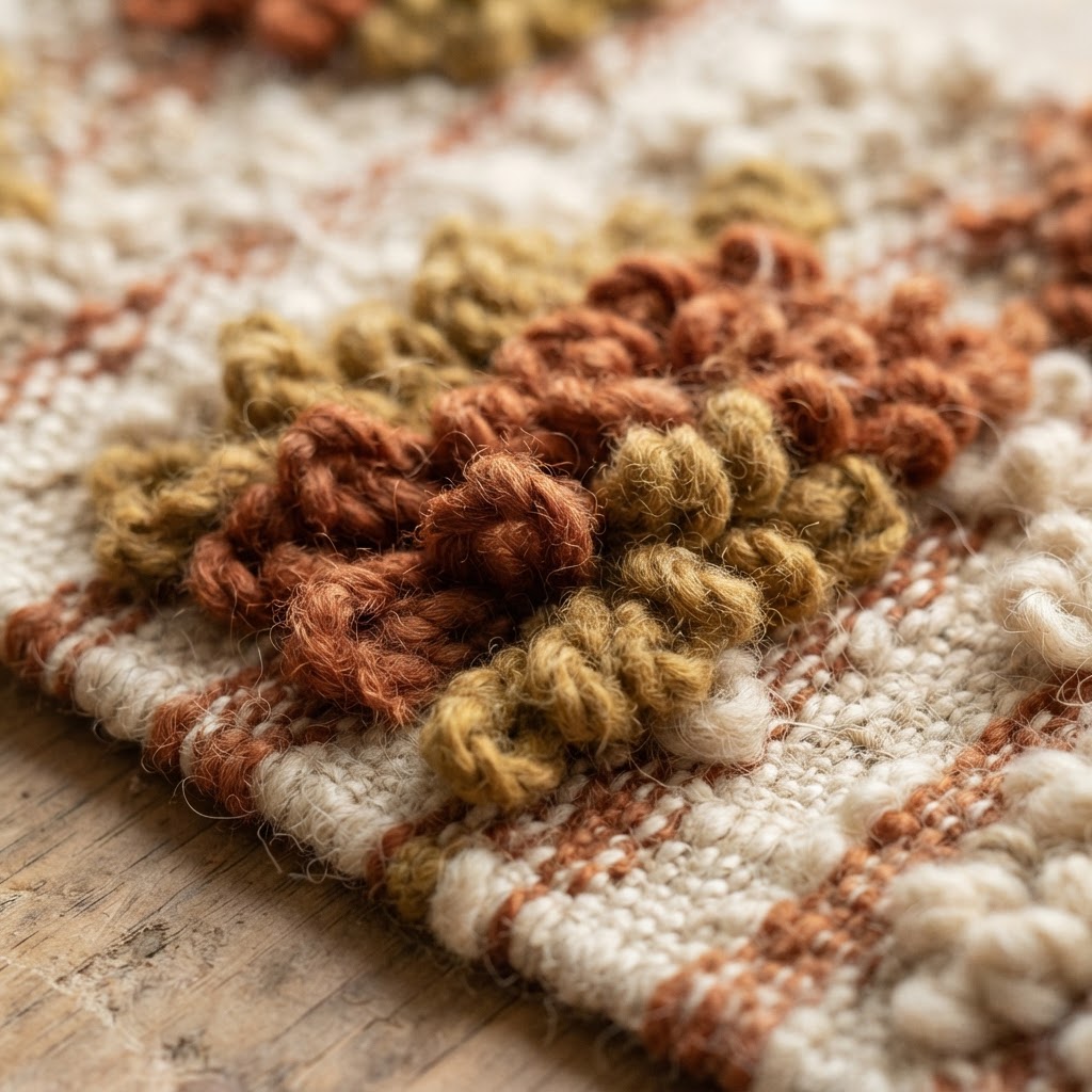 Handwoven wool textile in cream, burnt sienna and muted gold tones