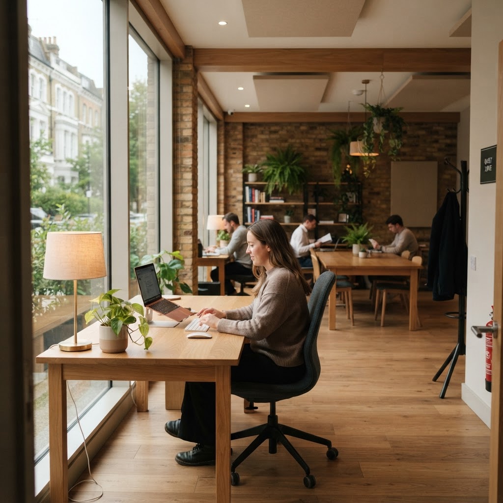 A calm accessible UK coworking space with natural light and a plant on the desk