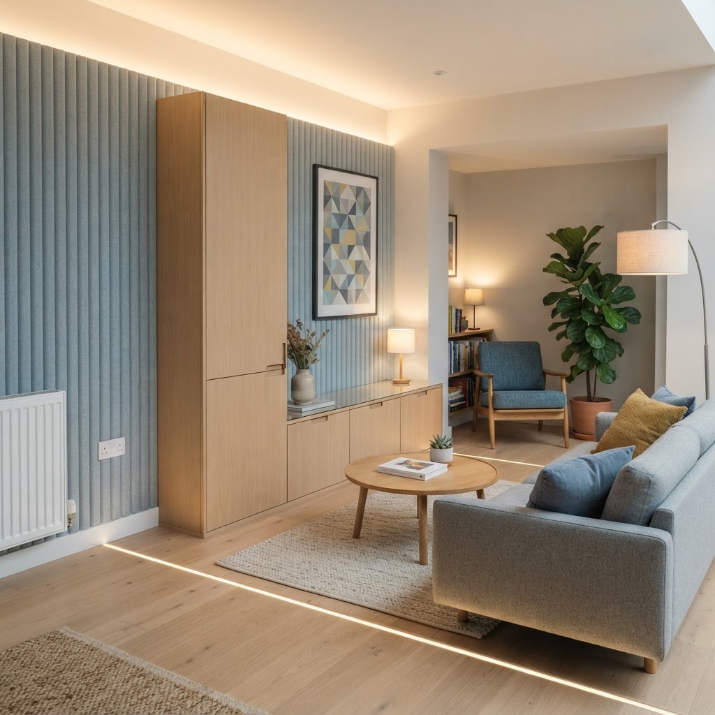A neuroinclusive living room with low glare lighting, ribbed acoustic panels, calm closed storage and a soft grey blue and mustard palette