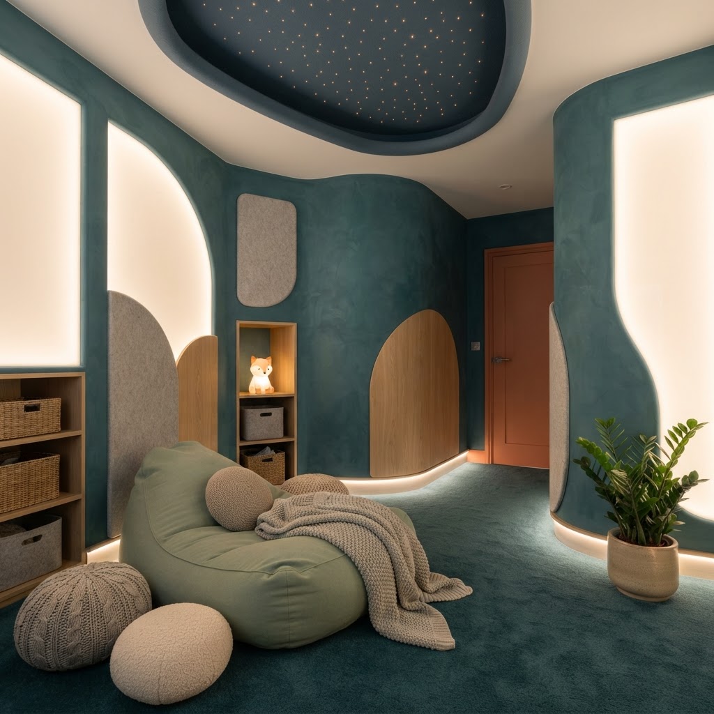 A sensory room in a UK home with curved deep teal walls, sculptural acoustic panels, a fibre optic star ceiling, a sage green floor pod with tactile cushions, a glowing sculptural lamp niche and recessed shelving with neatly stored fidget objects