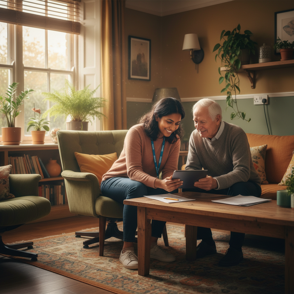 A support worker and service user having a relaxed conversation about home adaptations