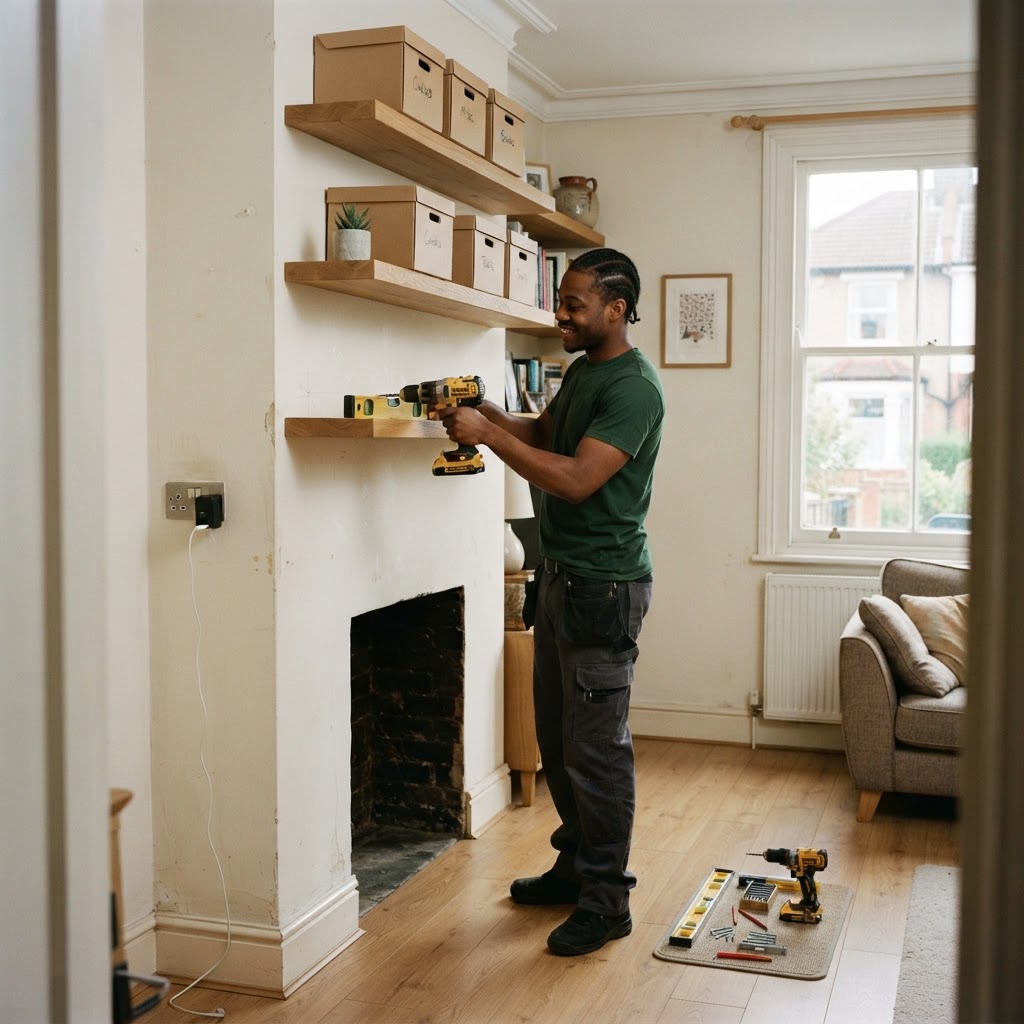 A young Black tradesperson fitting solid oak wall shelving with labelled closed storage in a real UK living room with a clear pathway