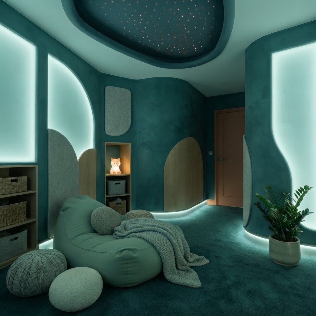 The same sensory room lit with soft muted teal cove lighting