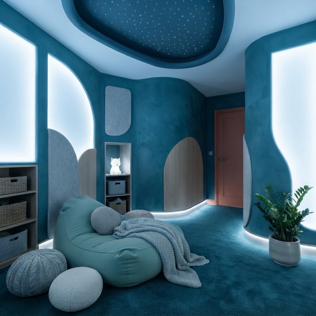 The same sensory room lit with cool blue white cove lighting